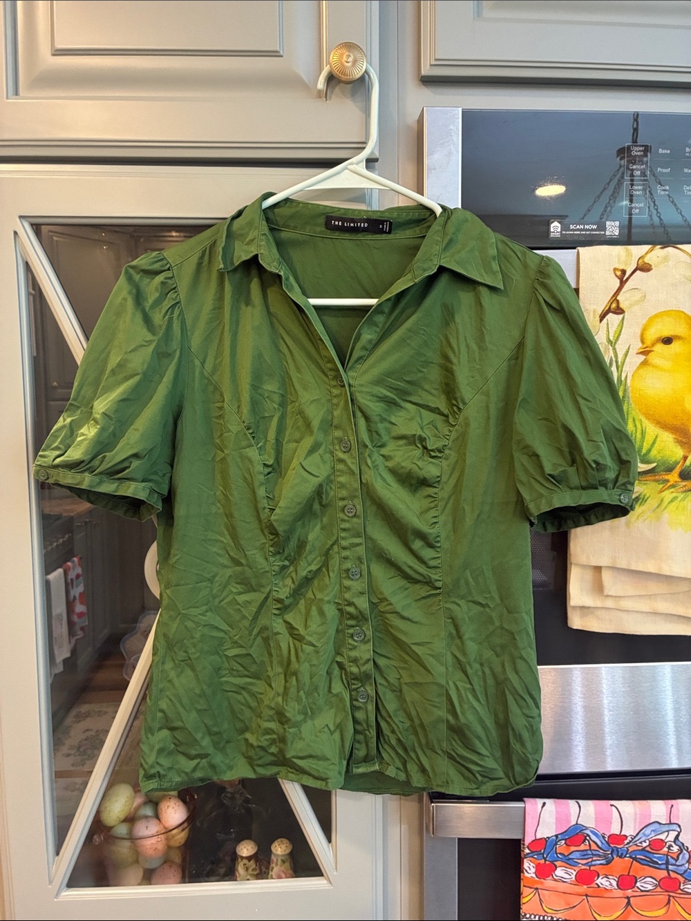 The Limited Olive Green Puff-Sleeve Button Down Shirt office fall cotton cinched